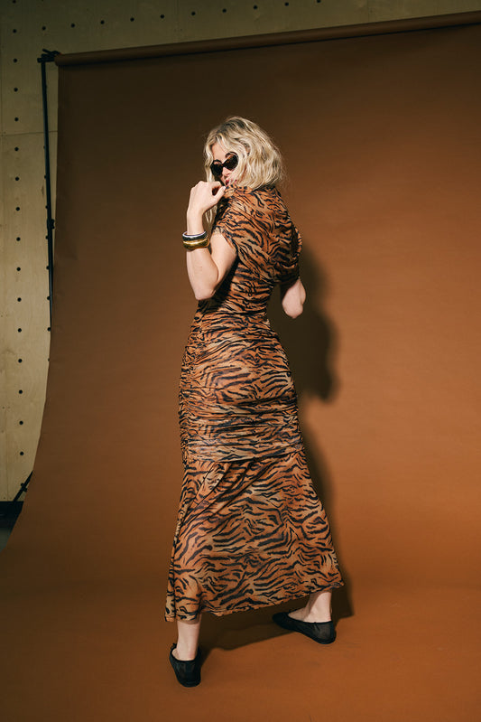 Girl From Mars Mesh Dress + Shawl in Tiger Stripes