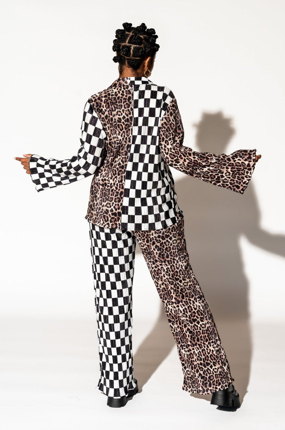 Long Sleeve Plissé Set in Leopard + Check
