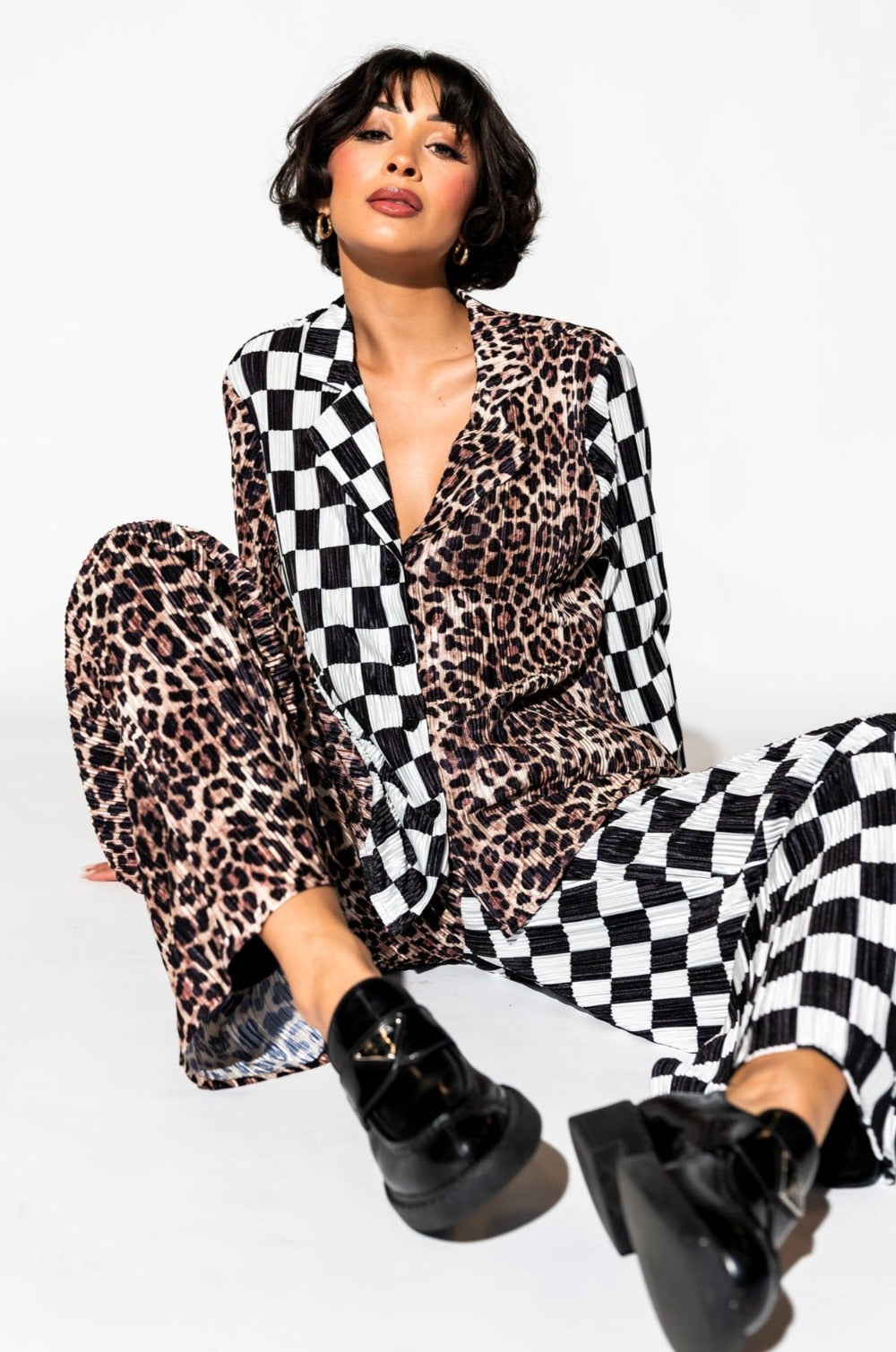 Long Sleeve Plissé Set in Leopard + Check