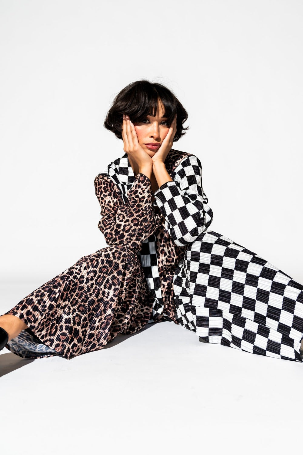 Long Sleeve Plissé Set in Leopard + Check