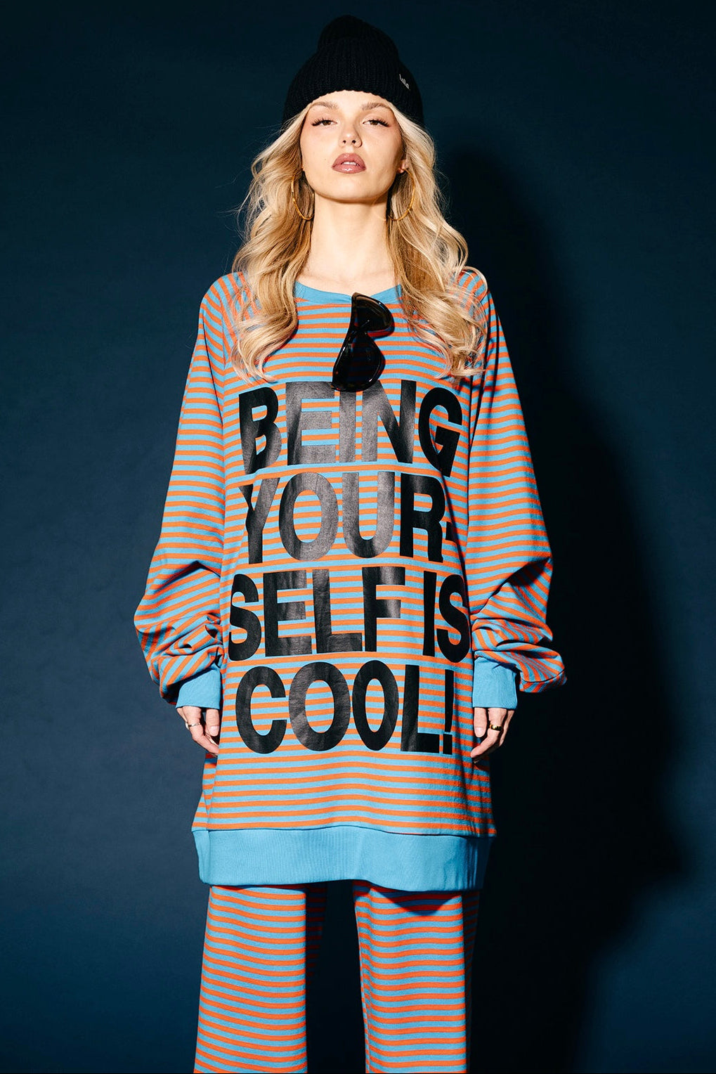 Being Yourself Is Cool Ultra Mega Striped Oversized Pullover in Blue + Orange