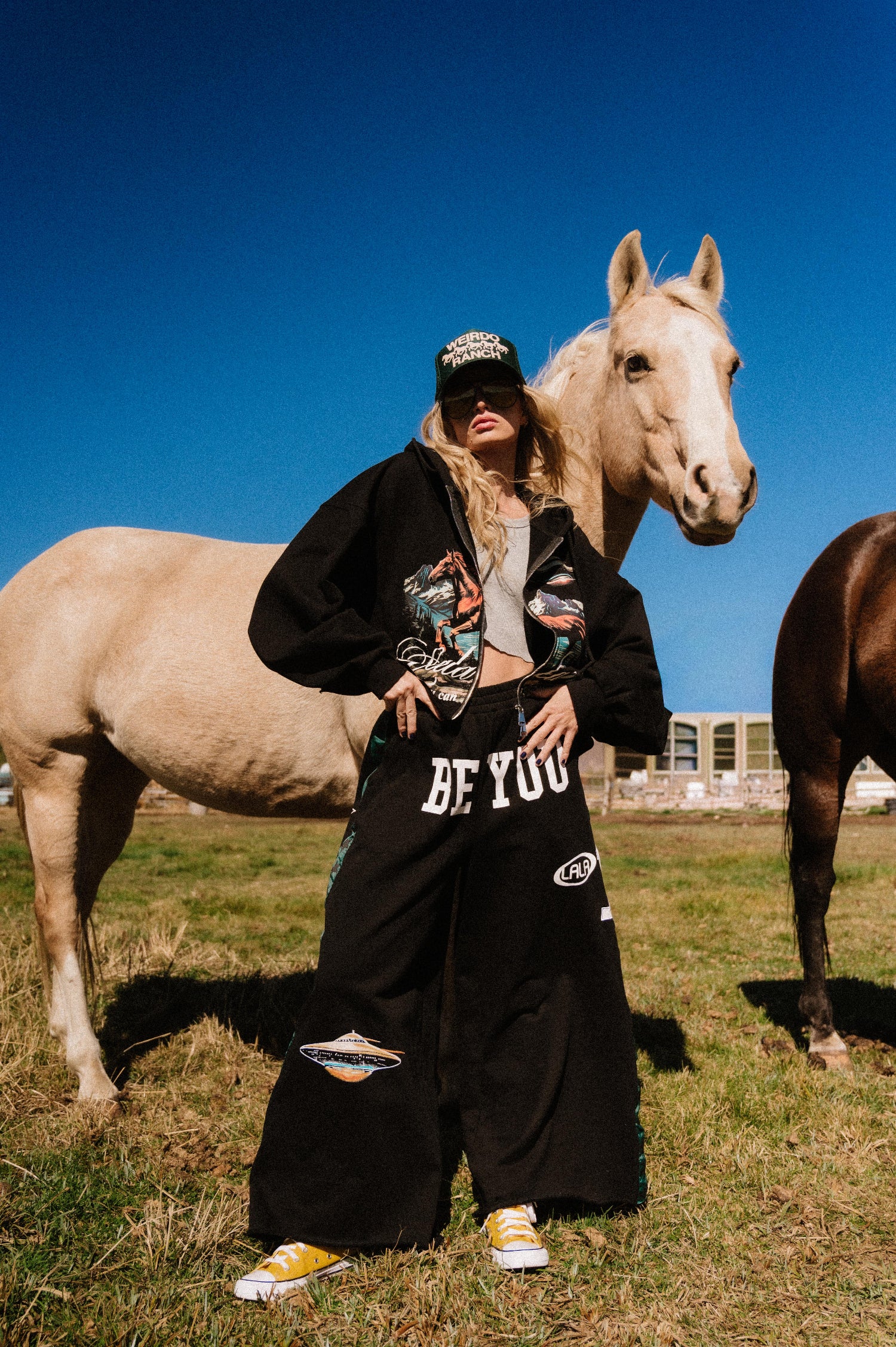 Person wearing a black hoodie with 'BE YOU' text, standing next to two horses in an open field.