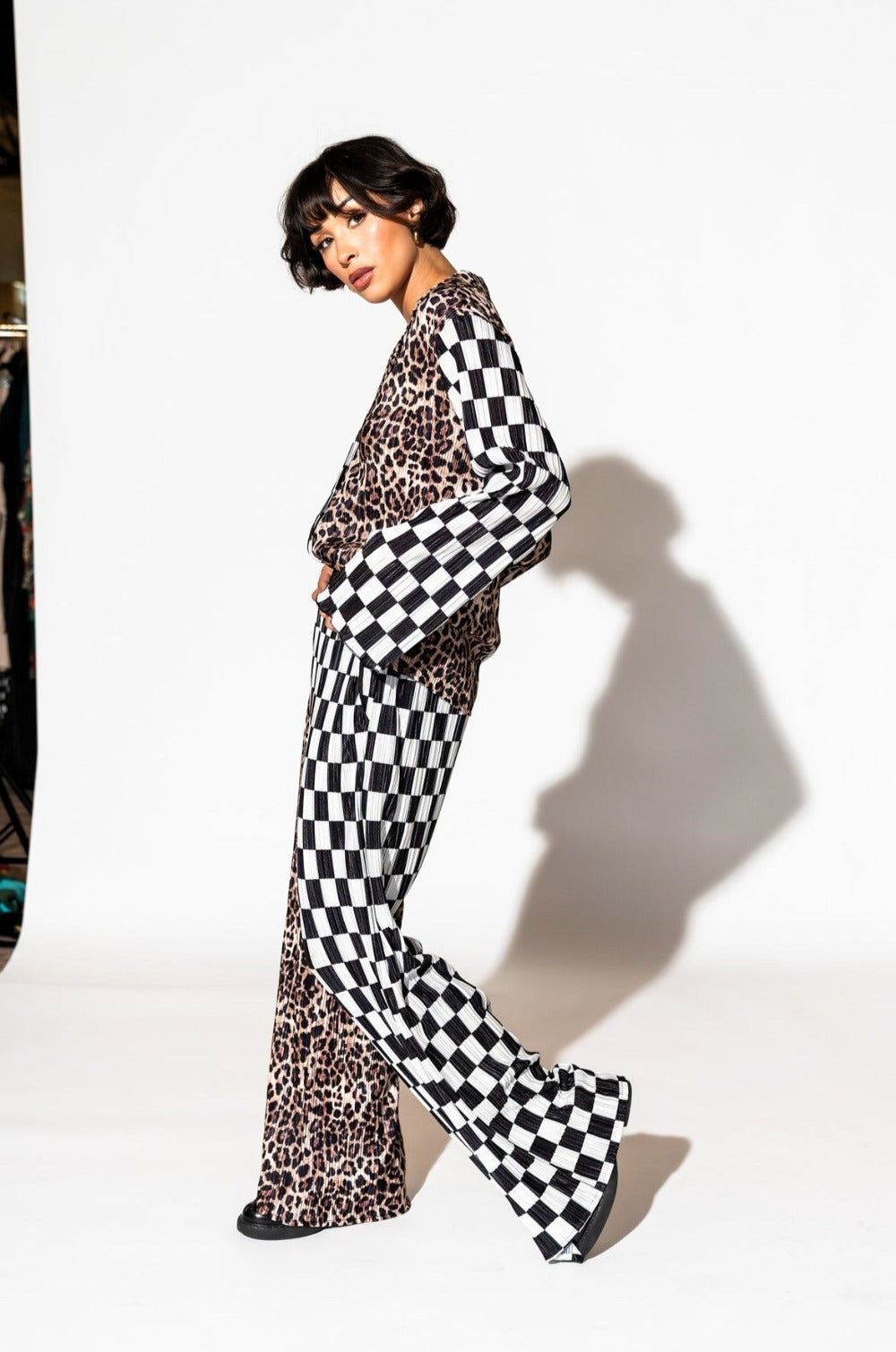 Long Sleeve Plissé Set in Leopard + Check