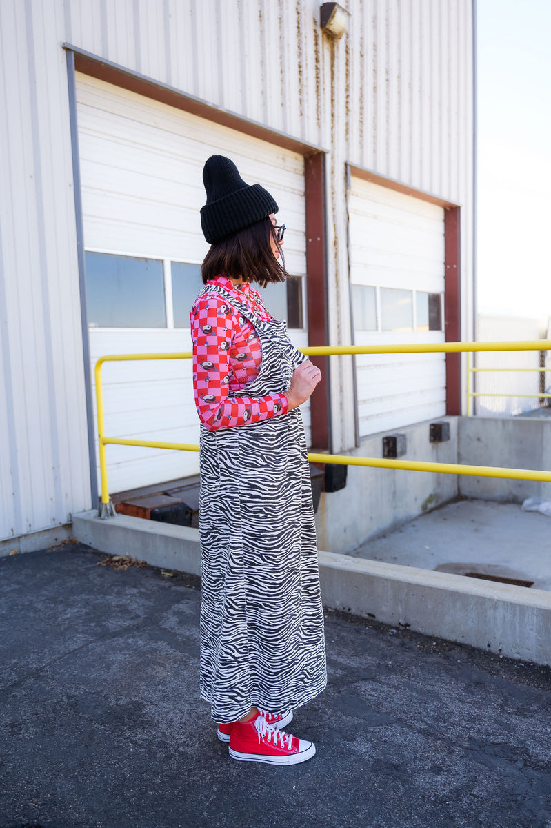 Striped denim overall dress hot sale
