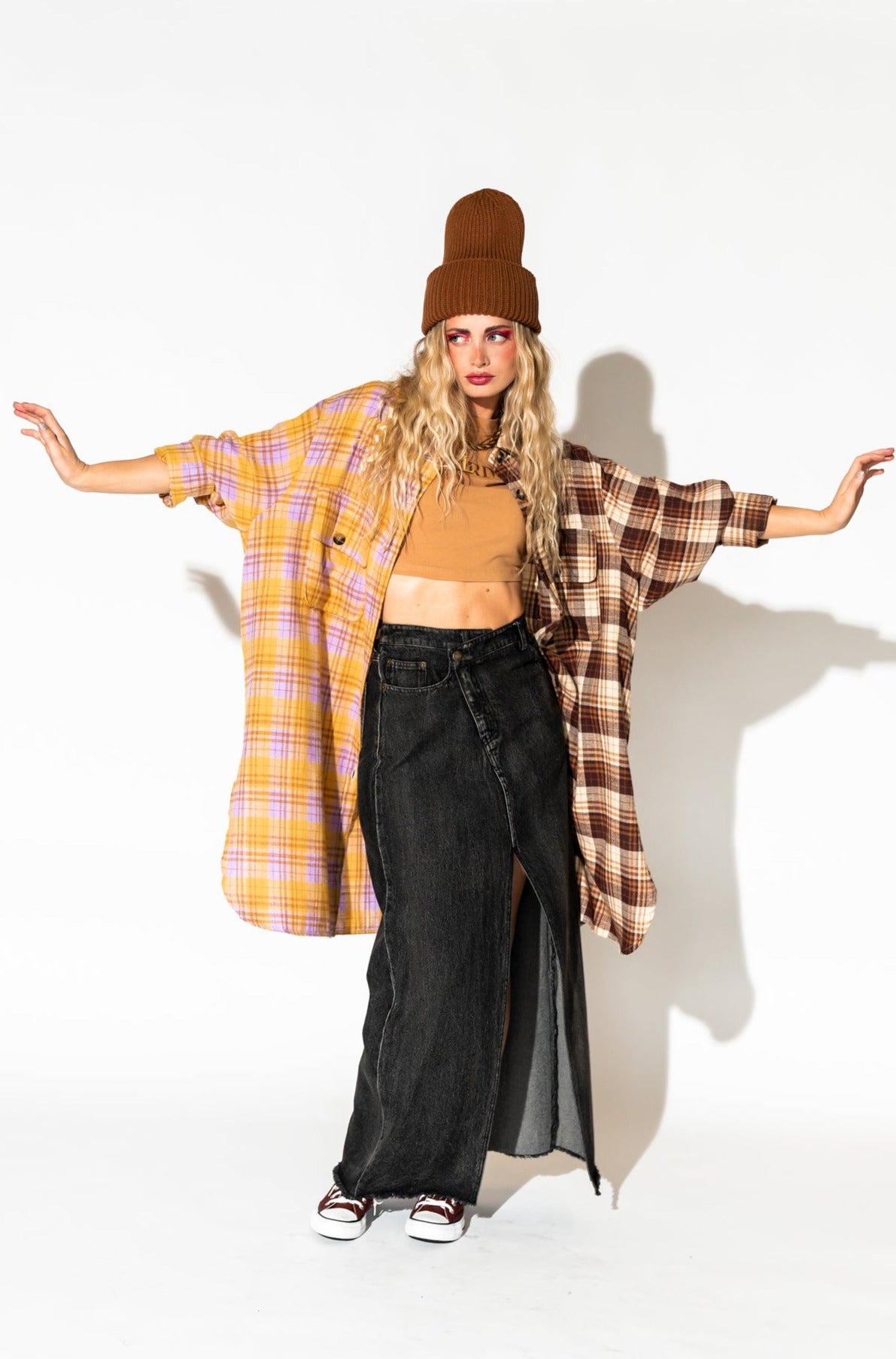 Zuri Oversized Grunge Flannel in Half + Half Yellow and Brown