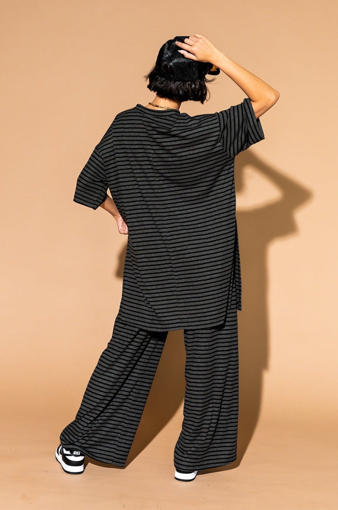 Leveled Up Ribbed Playsuit in Charcoal Stripe