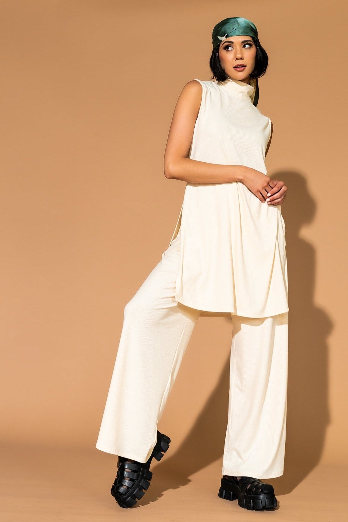 Gigi Sleeveless Ribbed Playsuit in Sand