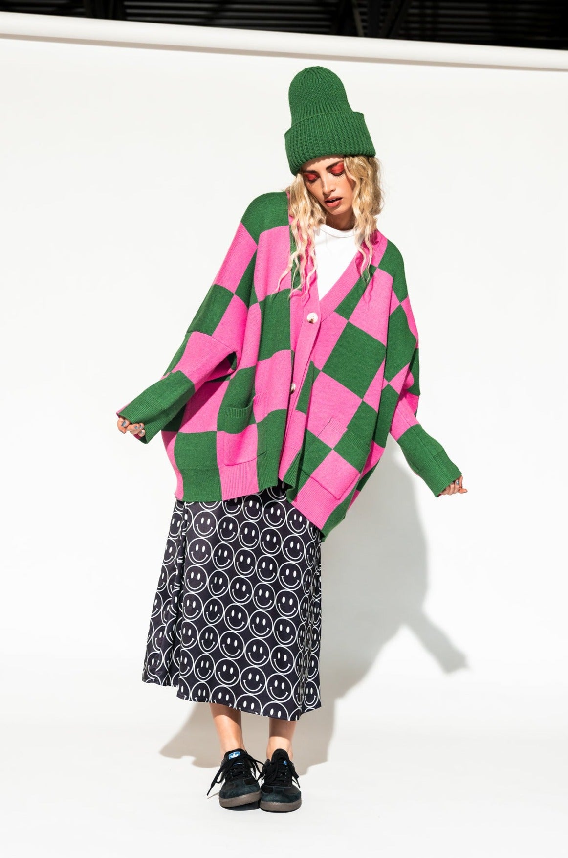Love You Oversized Checkerboard Cardigan in Watermelon