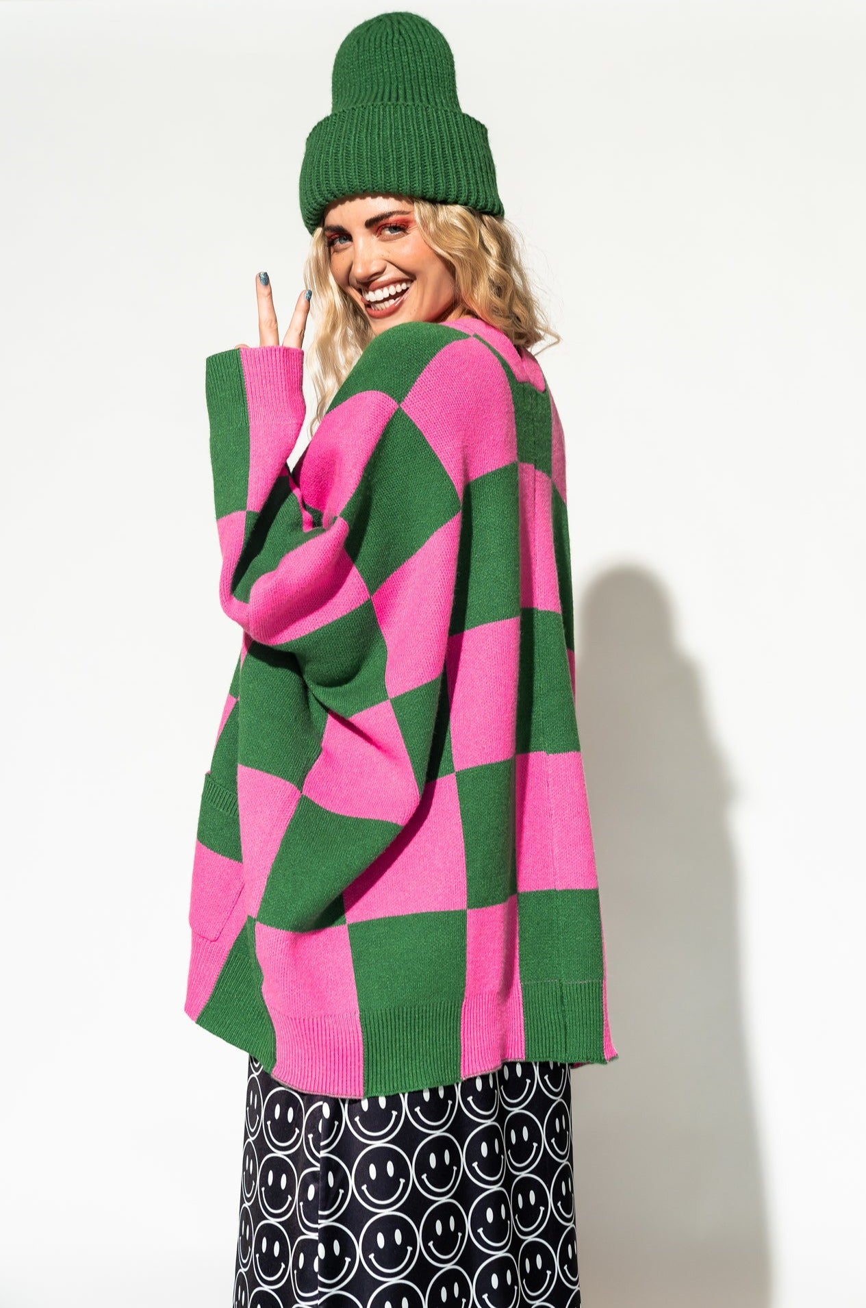 Love You Oversized Checkerboard Cardigan in Watermelon