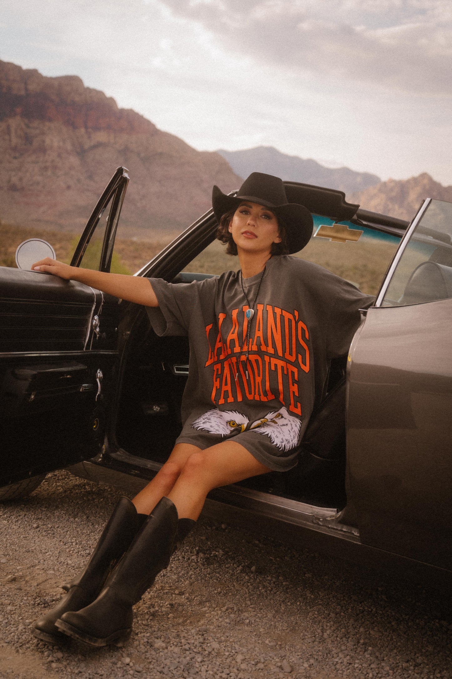 Person sitting in an open car door with a desert landscape in the background