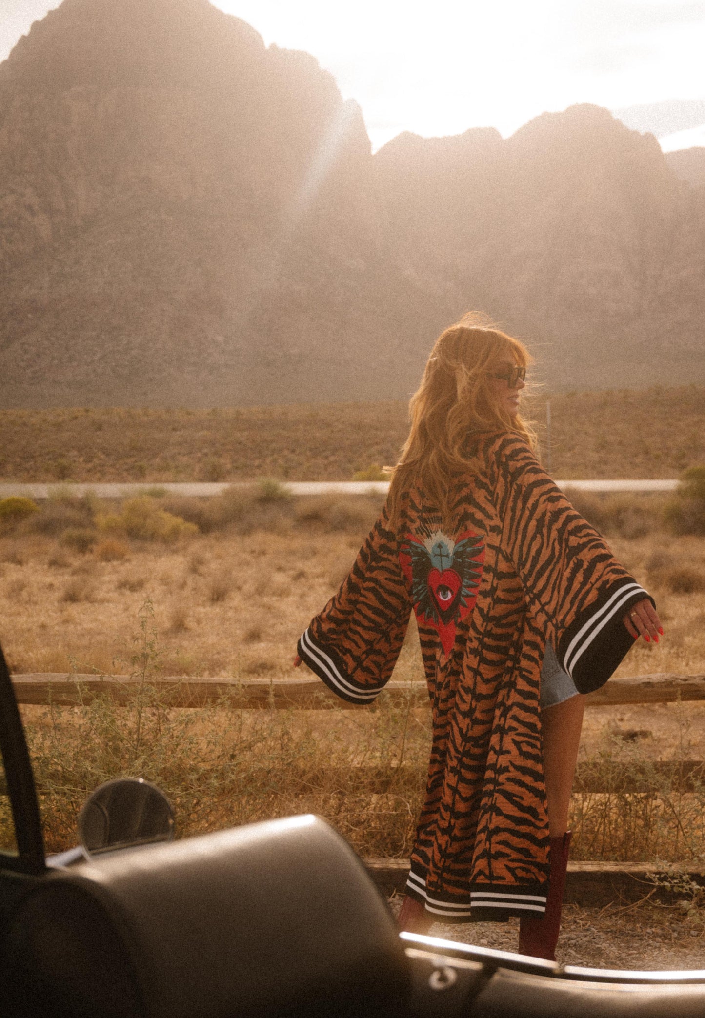 Person wearing a tiger-striped robe with a colorful design, standing in a desert-like landscape.