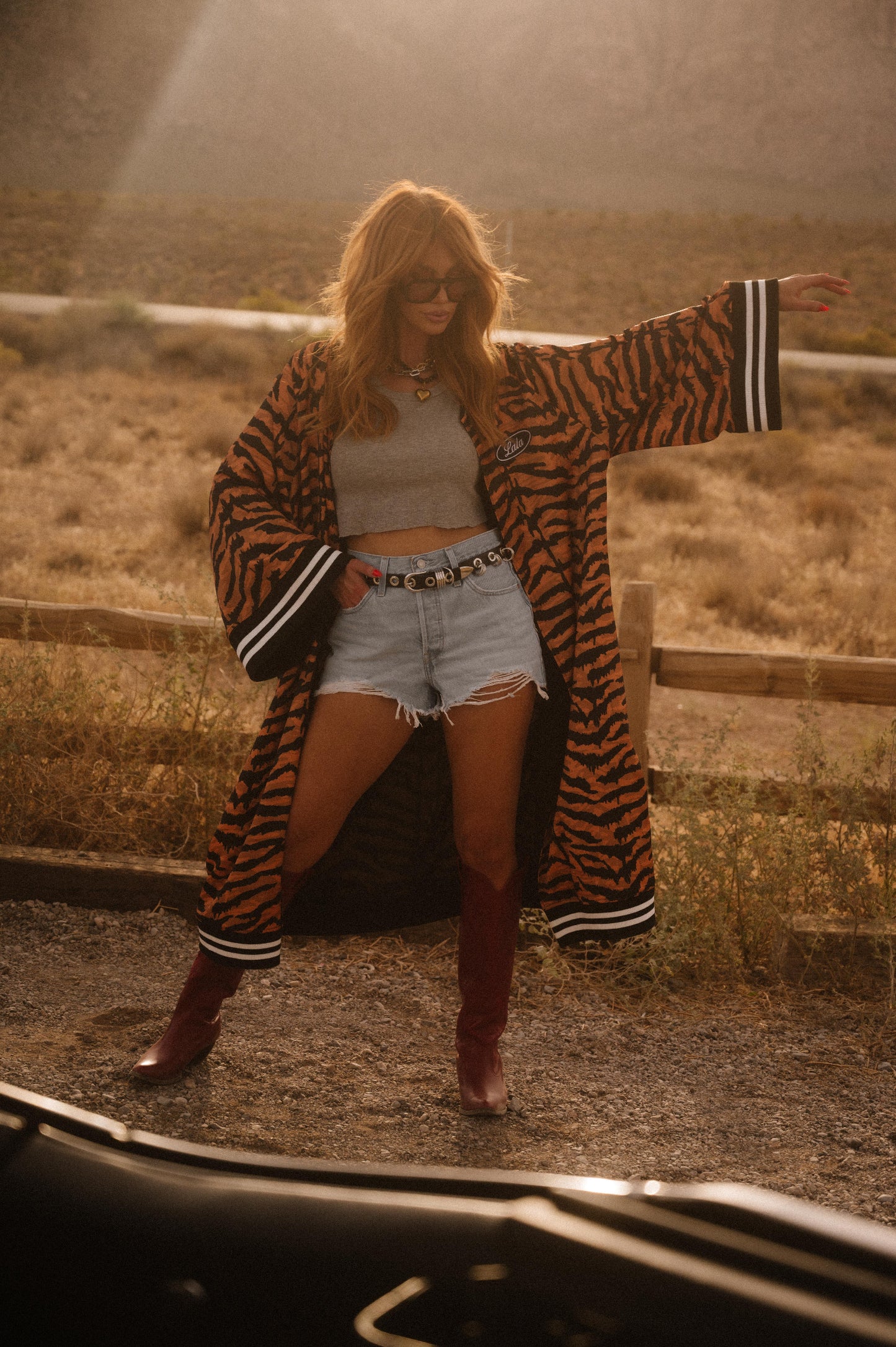 Person wearing a tiger-striped coat in a desert setting