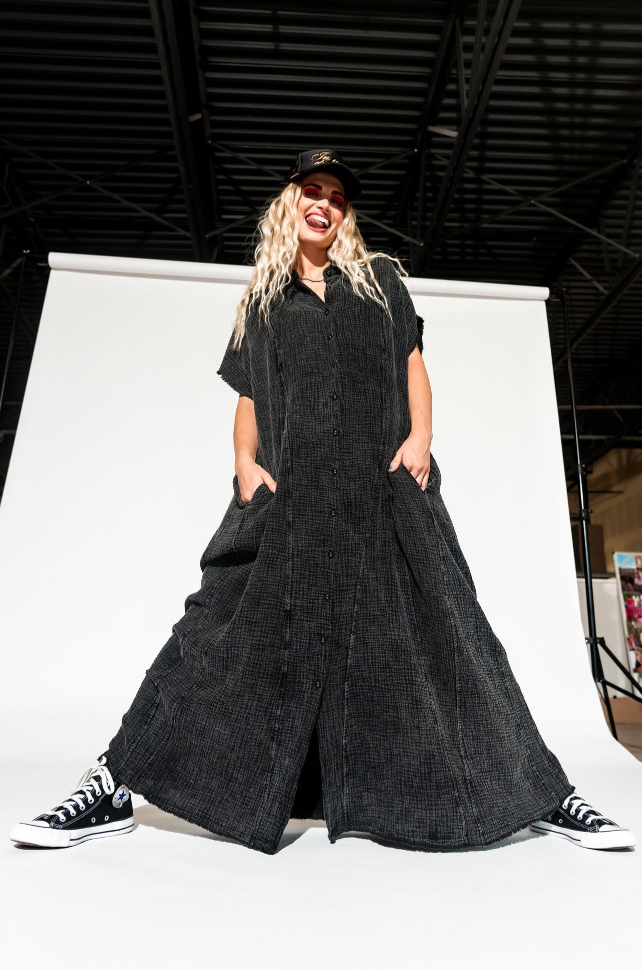 Dressed in Lala California Cool Oversized Maxi Dress in Black Mineral Wash Dressed in Lala California Cool Oversized Maxi Dress in Black Mineral Wash