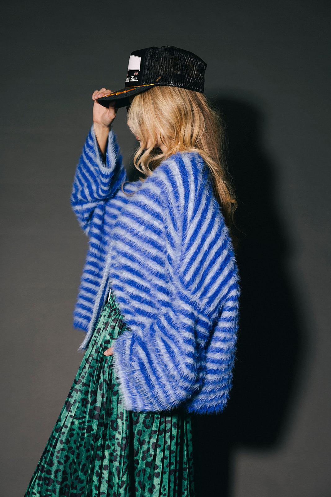 Double Trouble Striped Fuzzy Cardigan in Blue