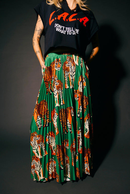 Untamable Pleated Midi Skirt in Tiger Tales on Green