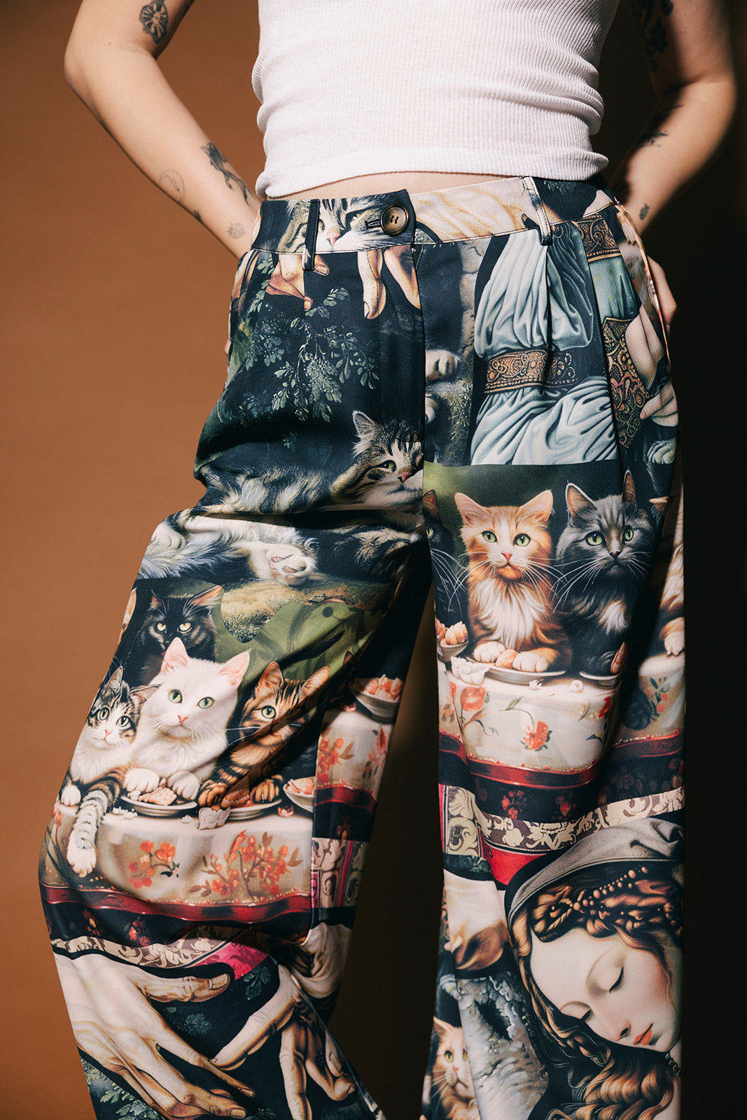 Pants with cat-themed print on a brown background