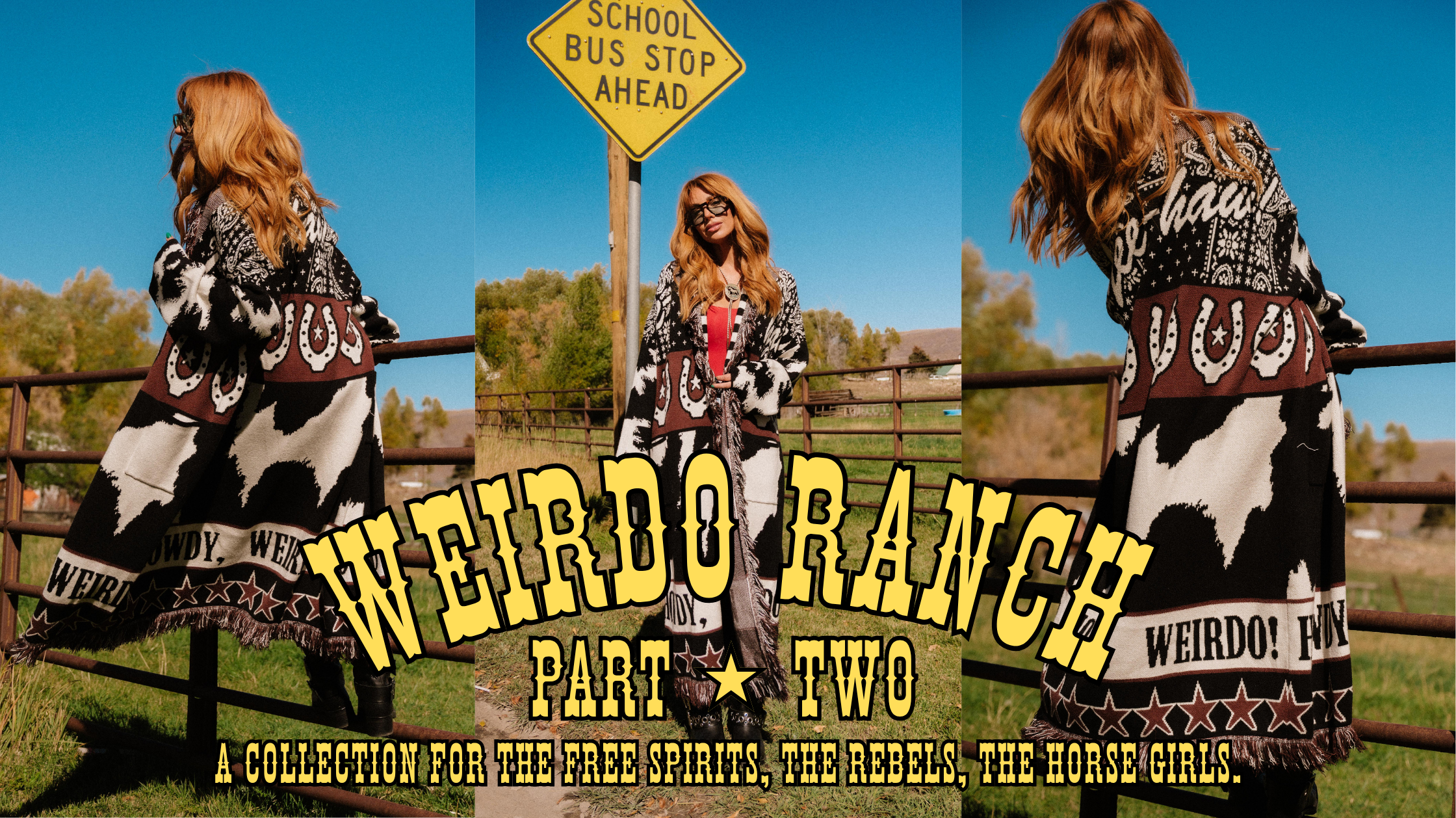 Website banner featuring person wearing a patterned cardigan with text, standing near a school bus stop sign.