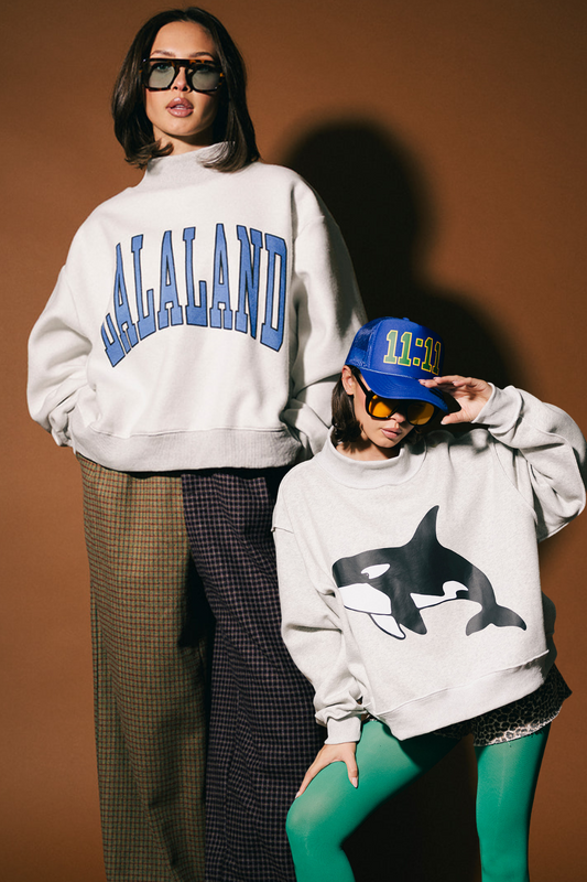 Collage of woman wearing both sides of a reversible sweatshirt against a brown background