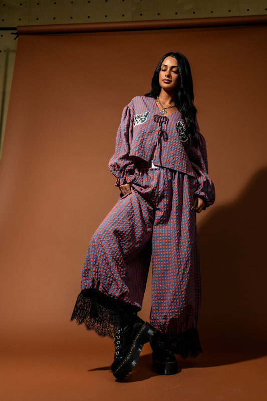 All For Fun Seersucker Gingham Bloomer Pants in Blue + Orange - Dressed in Lala