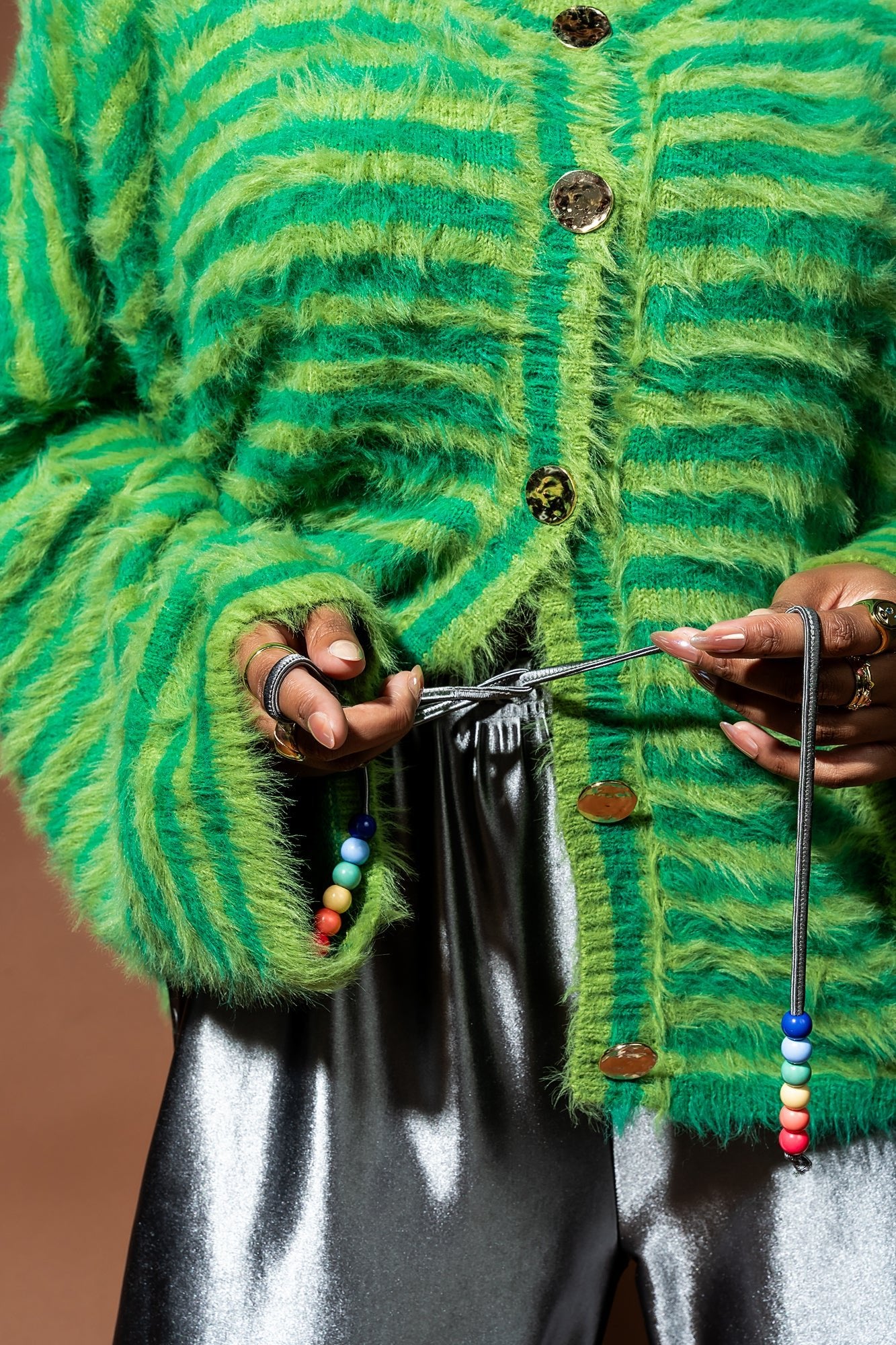Double Trouble Striped Fuzzy Cardigan in Green - Dressed in Lala