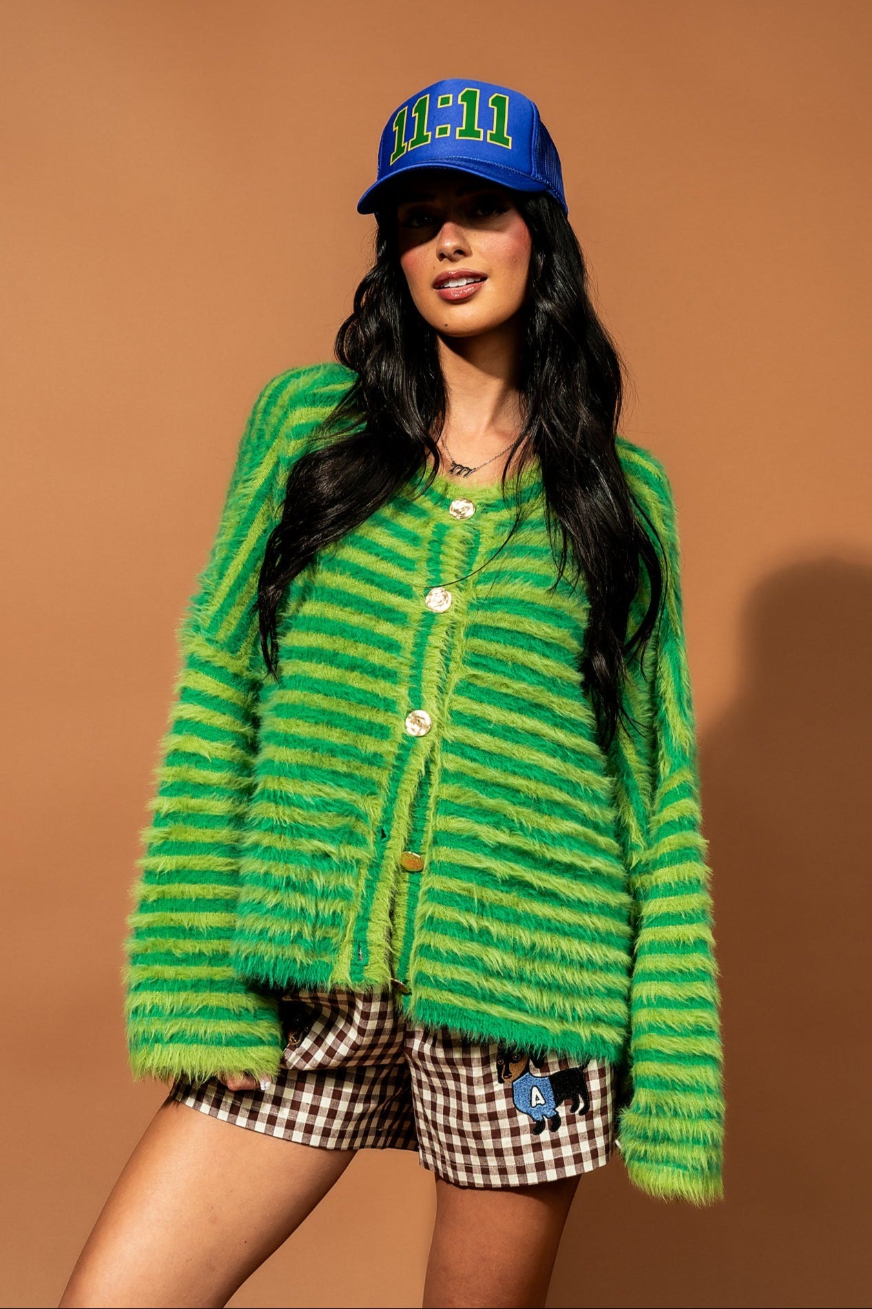 Double Trouble Striped Fuzzy Cardigan in Green - Dressed in Lala