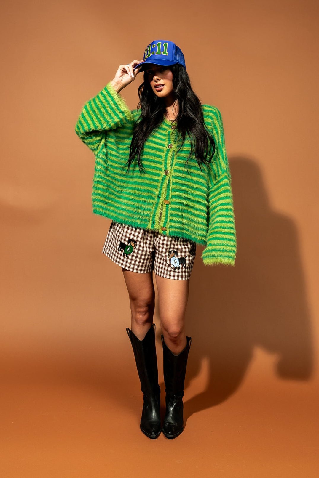 Double Trouble Striped Fuzzy Cardigan in Green - Dressed in Lala