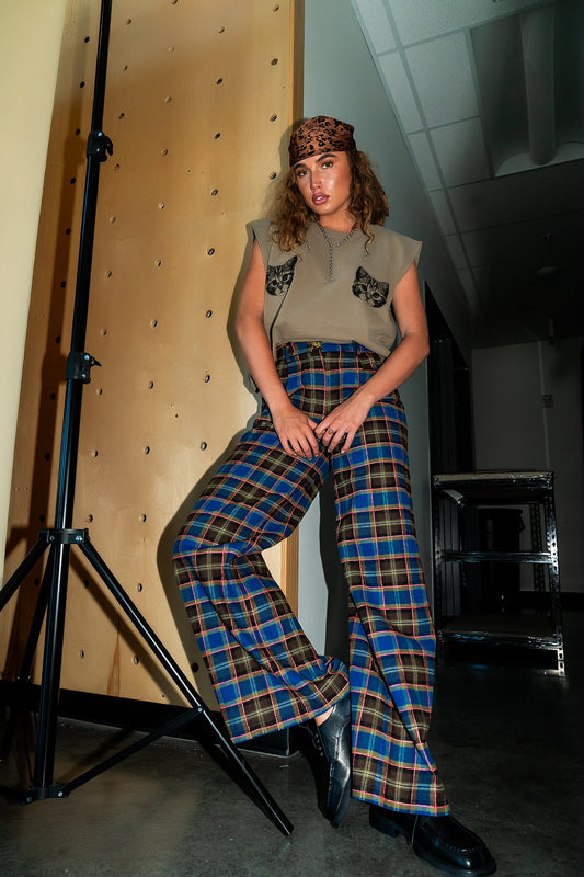GILF Wide Leg Trousers in Blue + Brown - Dressed in Lala