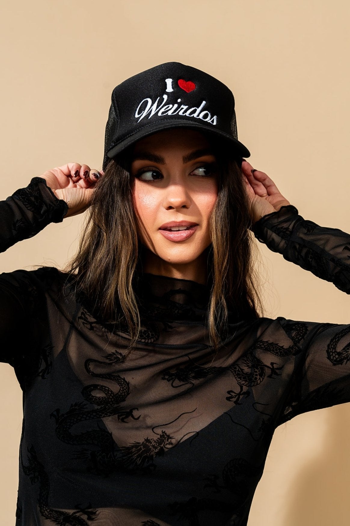 I Love Weirdos Embroidered Trucker Hat in Black - Dressed in Lala