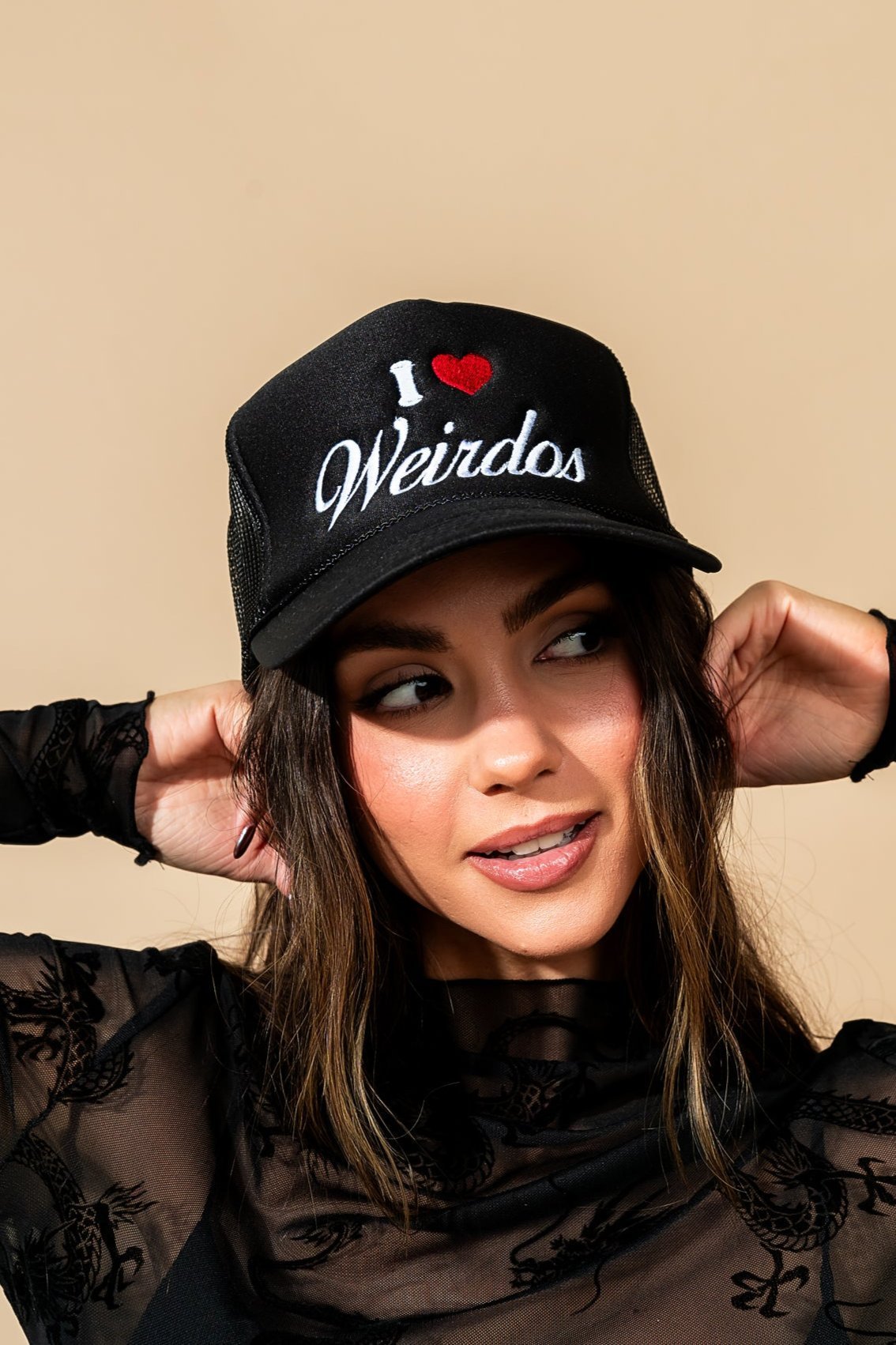 I Love Weirdos Embroidered Trucker Hat in Black - Dressed in Lala