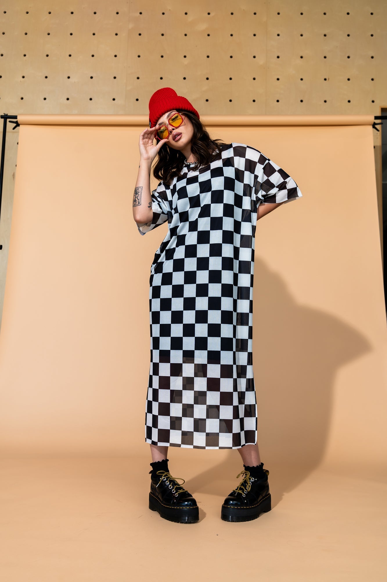 Karma Oversized Mesh Dress + Slip in Checkerboard - Dressed in Lala