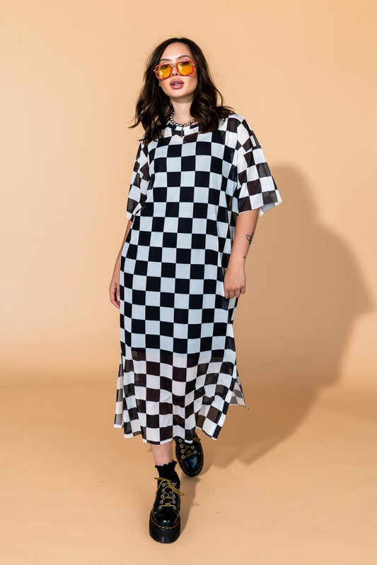Karma Oversized Mesh Dress + Slip in Checkerboard - Dressed in Lala