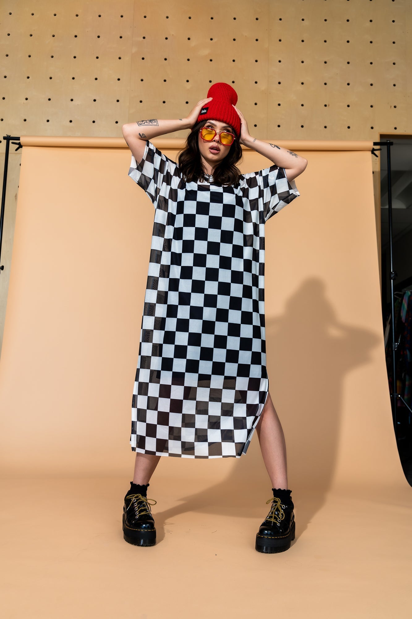 Karma Oversized Mesh Dress + Slip in Checkerboard - Dressed in Lala