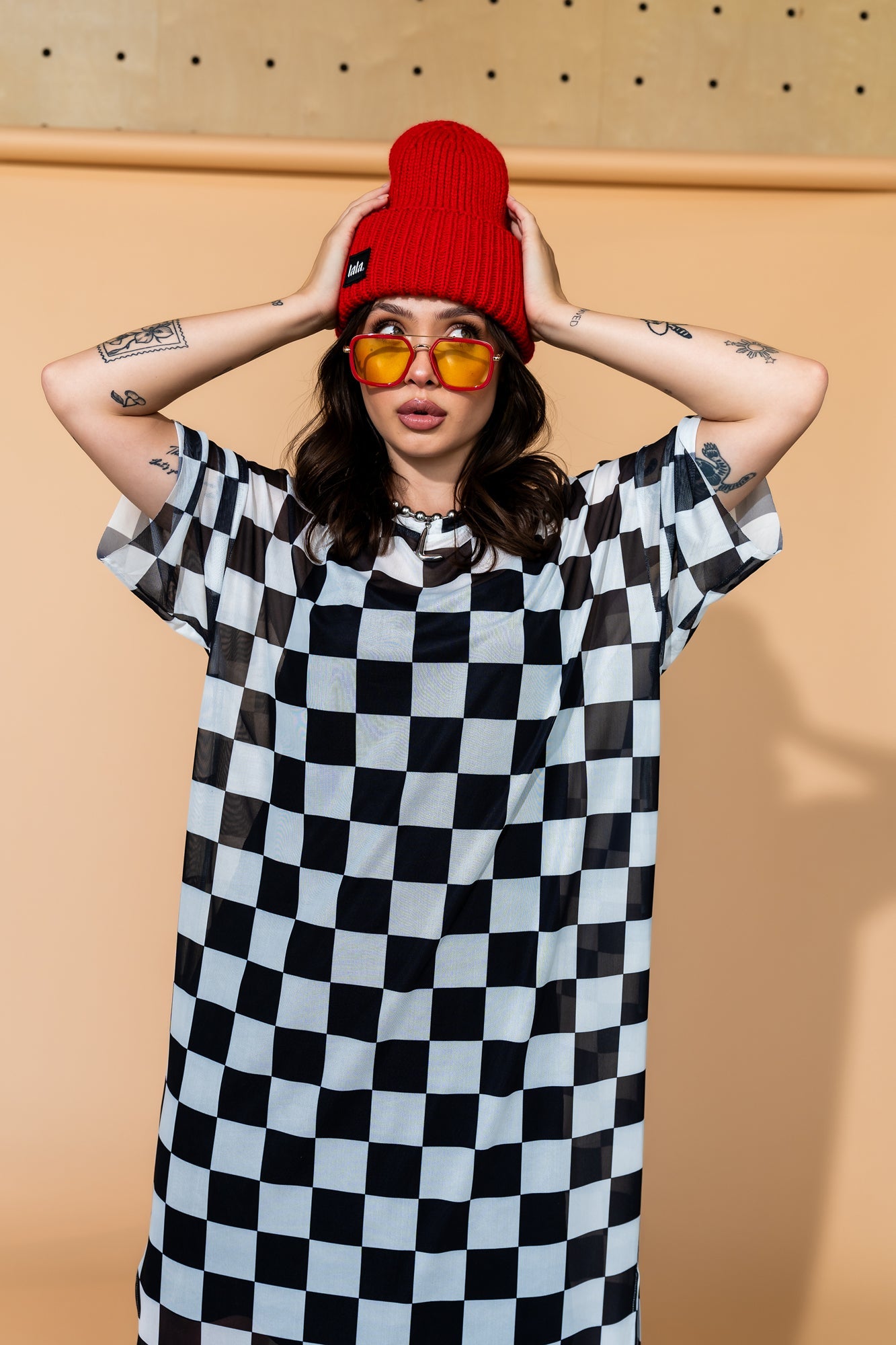 Karma Oversized Mesh Dress + Slip in Checkerboard - Dressed in Lala