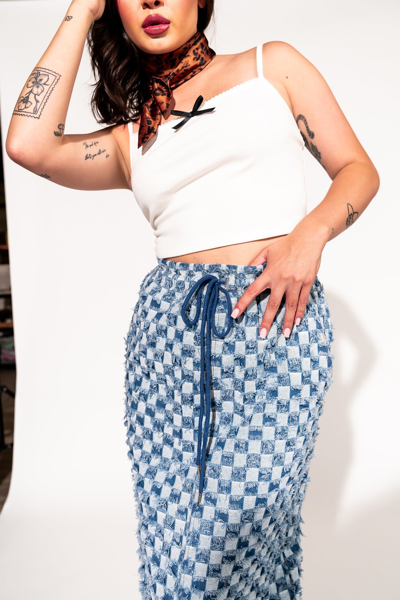 LALA ORIGINAL: Check Mate Textured Denim Maxi Skirt - Dressed in Lala
