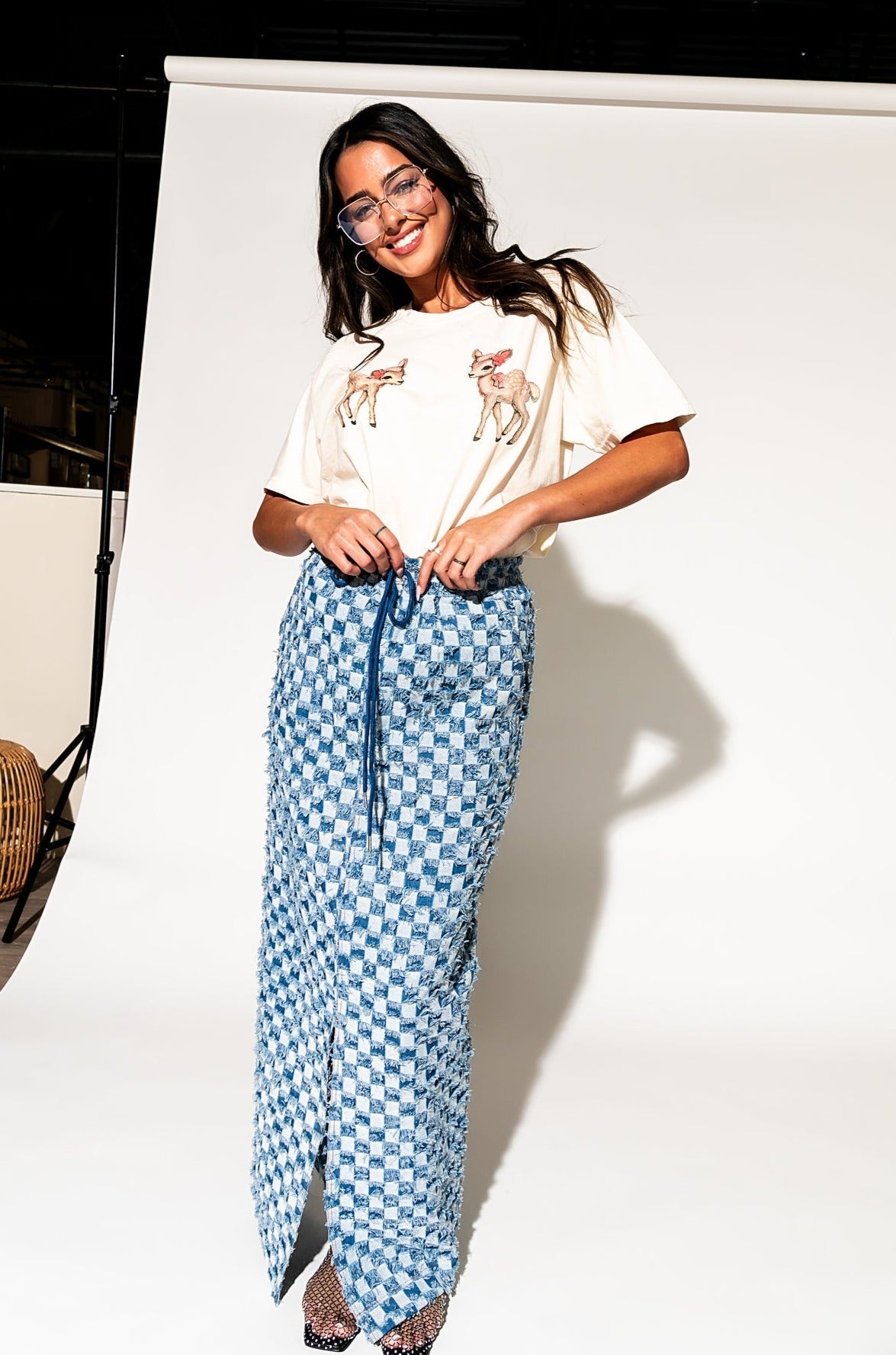 LALA ORIGINAL: Check Mate Textured Denim Maxi Skirt - Dressed in Lala