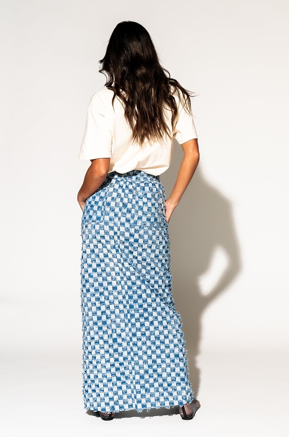 LALA ORIGINAL: Check Mate Textured Denim Maxi Skirt - Dressed in Lala