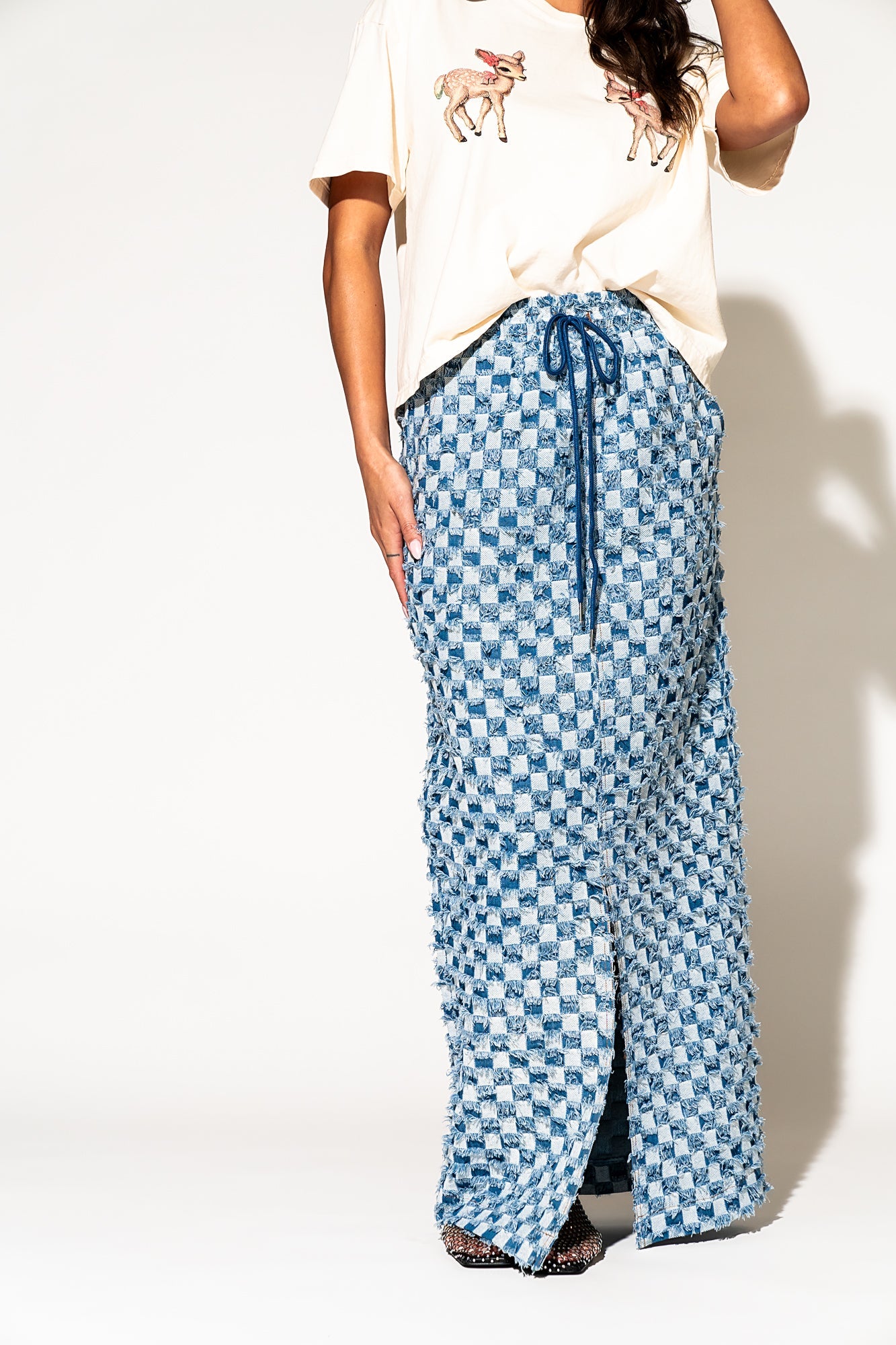 LALA ORIGINAL: Check Mate Textured Denim Maxi Skirt - Dressed in Lala