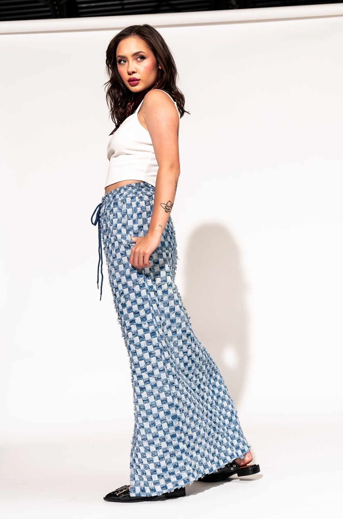 LALA ORIGINAL: Check Mate Textured Denim Maxi Skirt - Dressed in Lala