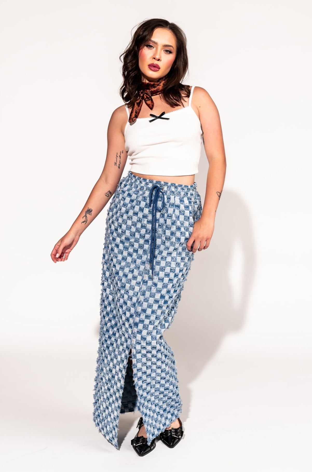 LALA ORIGINAL: Check Mate Textured Denim Maxi Skirt - Dressed in Lala