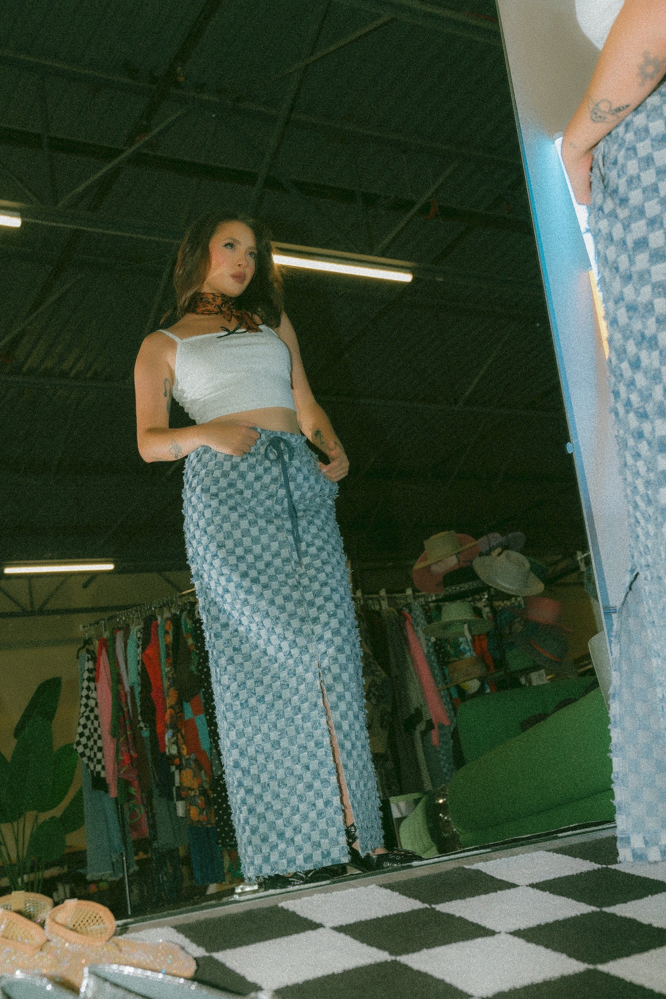 LALA ORIGINAL: Check Mate Textured Denim Maxi Skirt - Dressed in Lala