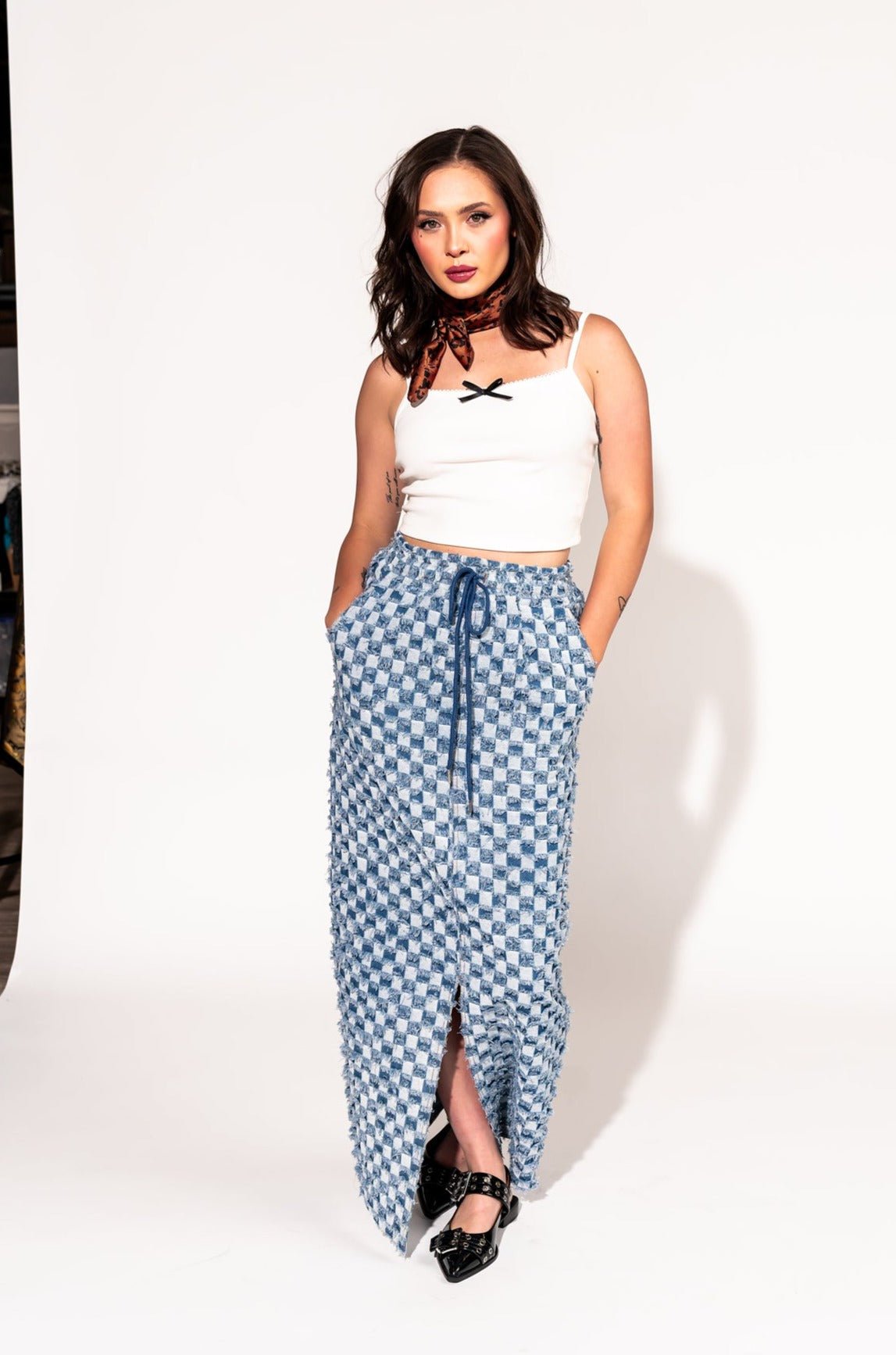LALA ORIGINAL: Check Mate Textured Denim Maxi Skirt - Dressed in Lala