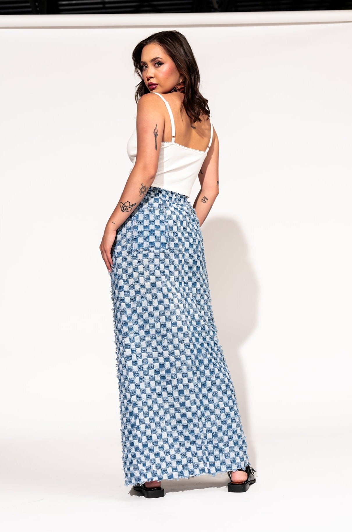 LALA ORIGINAL: Check Mate Textured Denim Maxi Skirt - Dressed in Lala
