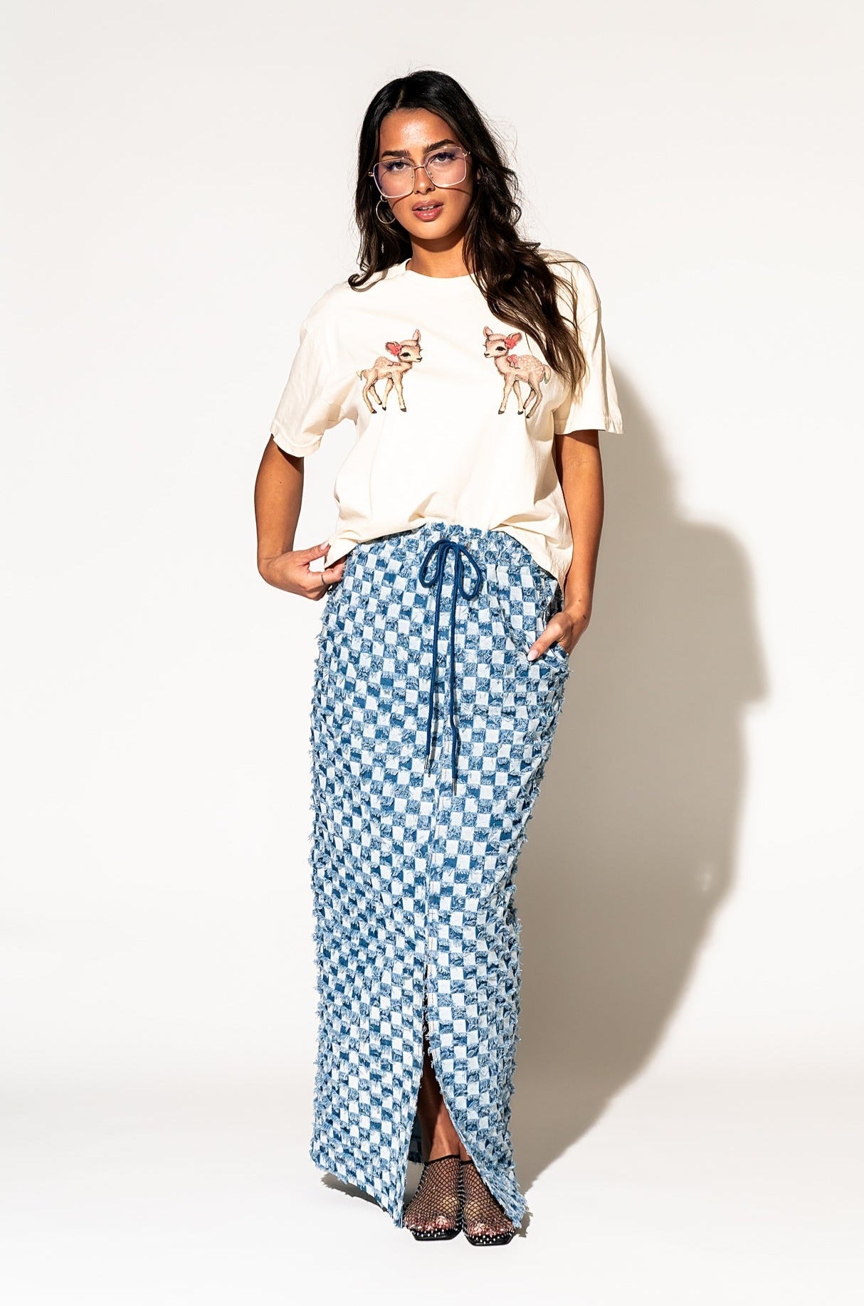 LALA ORIGINAL: Check Mate Textured Denim Maxi Skirt - Dressed in Lala