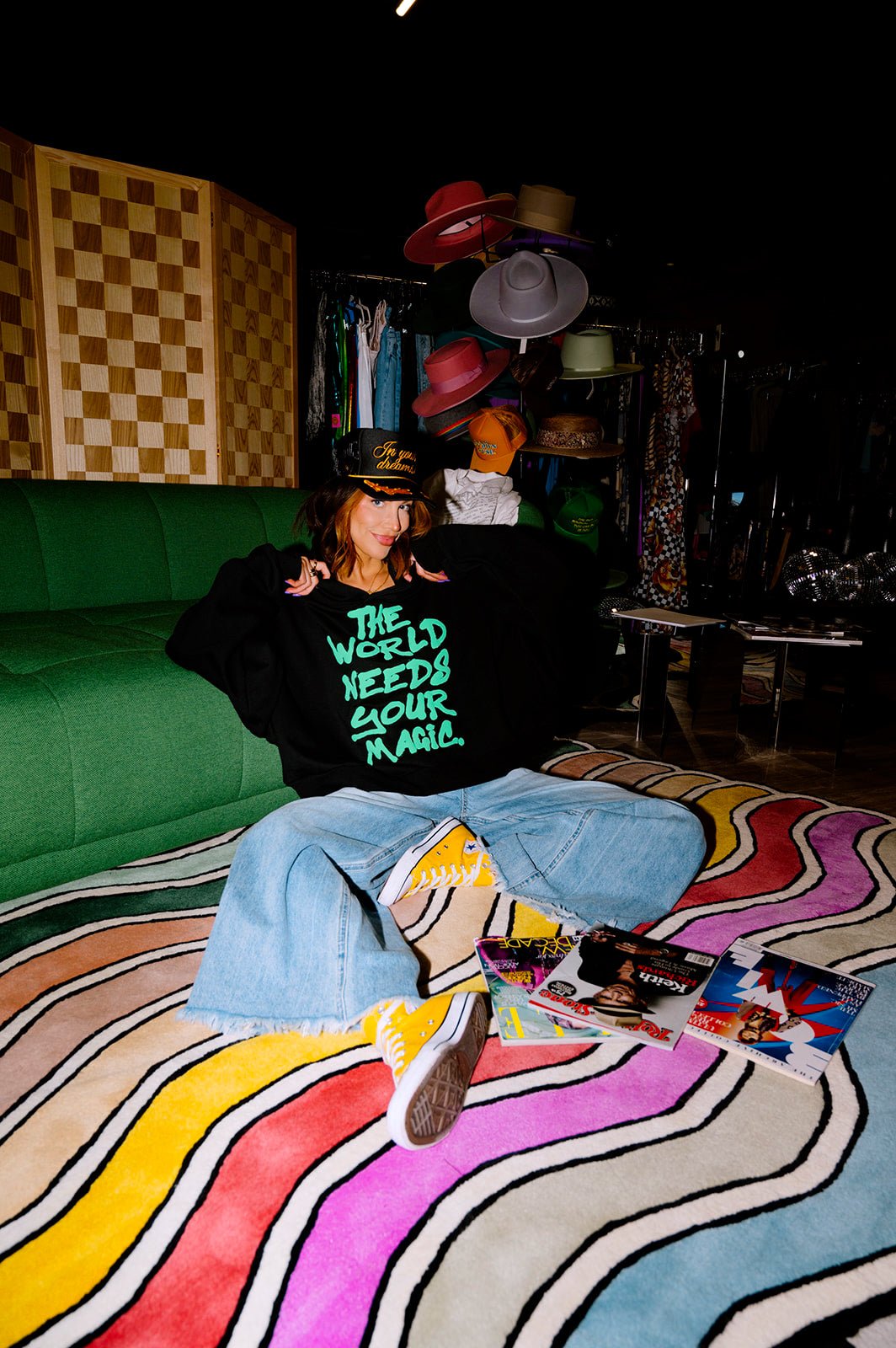 LALA ORIGINAL: Energy Doesn’t Lie Cropped Hoodie in The World Needs Your Magic Puff Print - Dressed in Lala