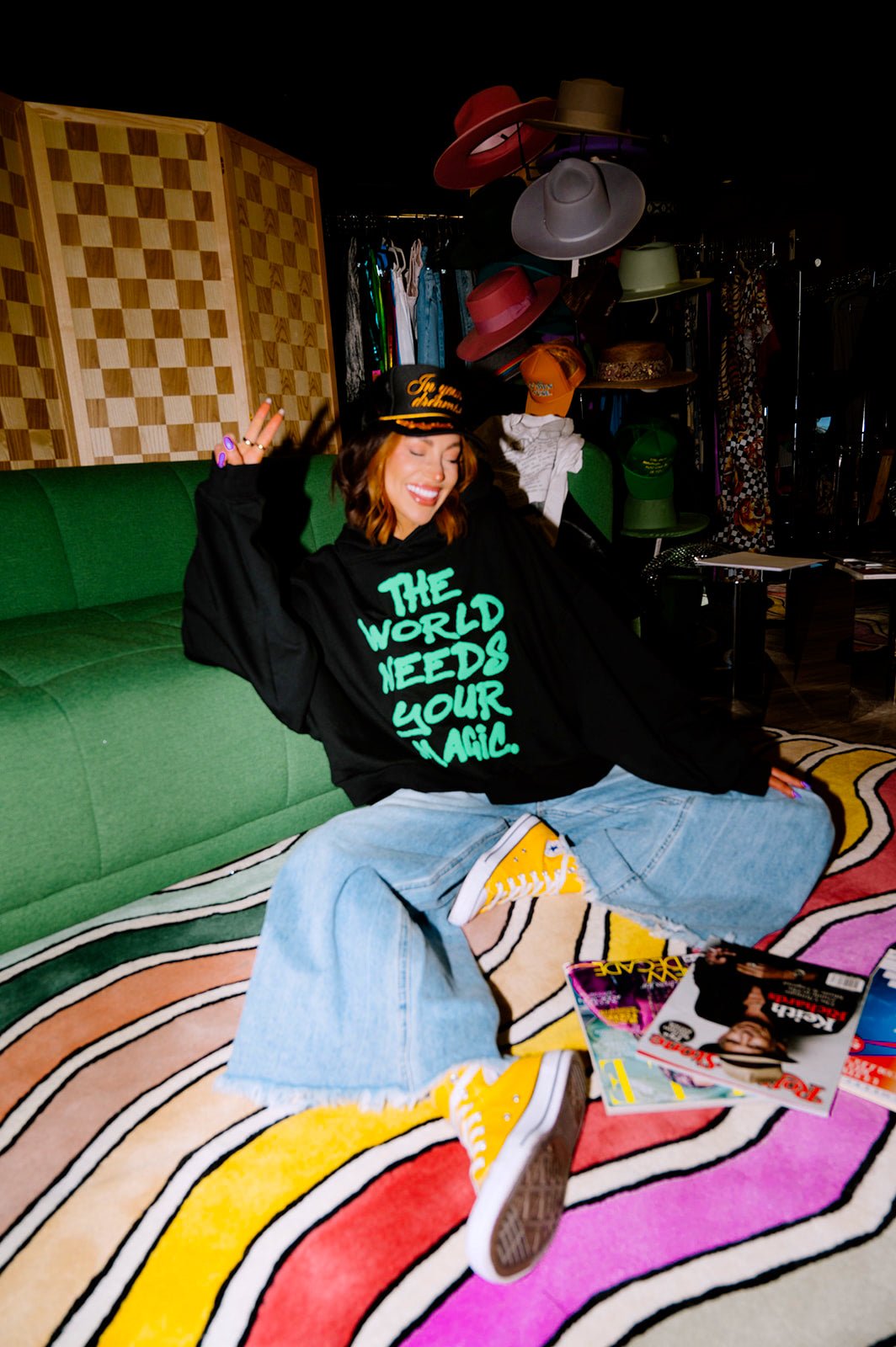 LALA ORIGINAL: Energy Doesn’t Lie Cropped Hoodie in The World Needs Your Magic Puff Print - Dressed in Lala