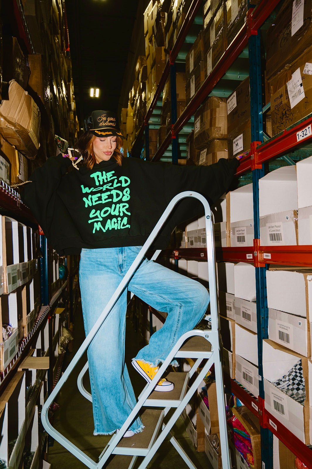 LALA ORIGINAL: Energy Doesn’t Lie Cropped Hoodie in The World Needs Your Magic Puff Print - Dressed in Lala