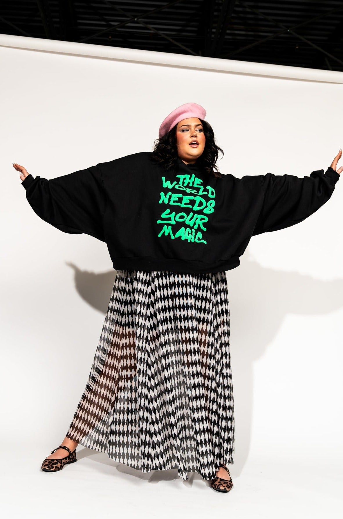 LALA ORIGINAL: Energy Doesn’t Lie Cropped Hoodie in The World Needs Your Magic Puff Print - Dressed in Lala