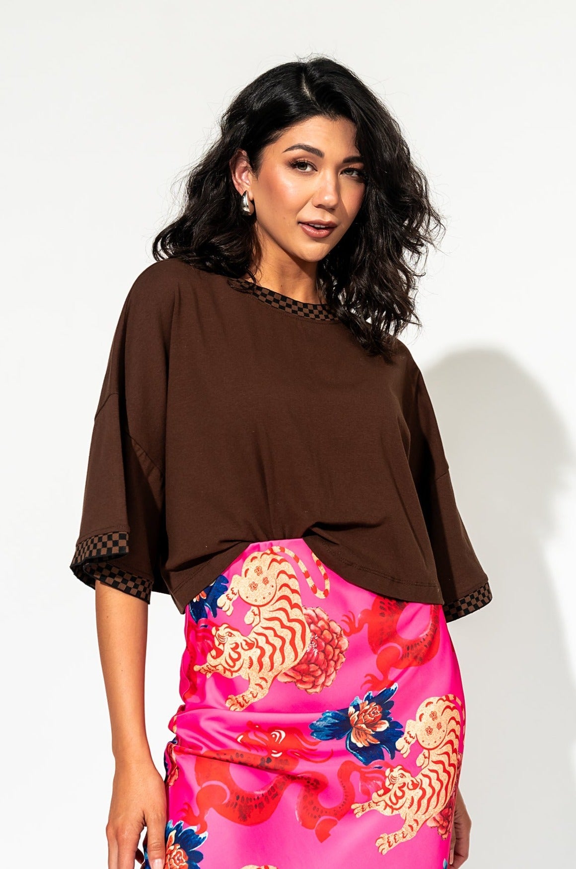 LALA ORIGINAL: Frankie Cropped Tee in Chocolate Brown + Checkerboard - Dressed in Lala