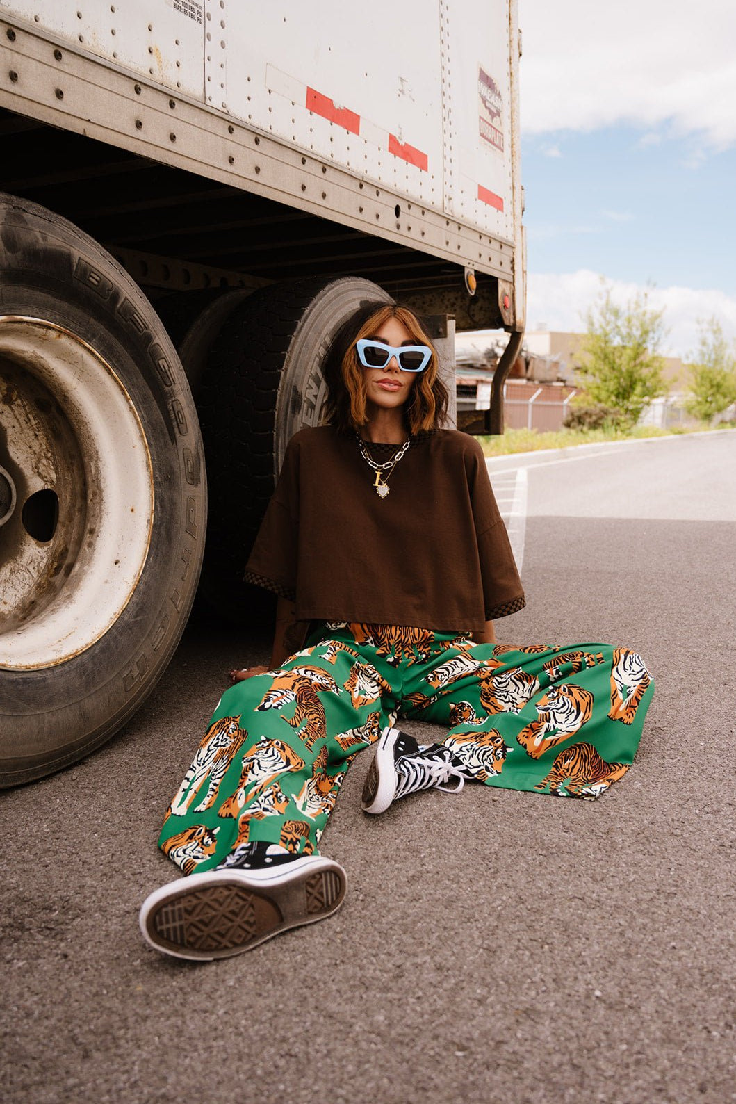 LALA ORIGINAL: Frankie Cropped Tee in Chocolate Brown + Checkerboard - Dressed in Lala