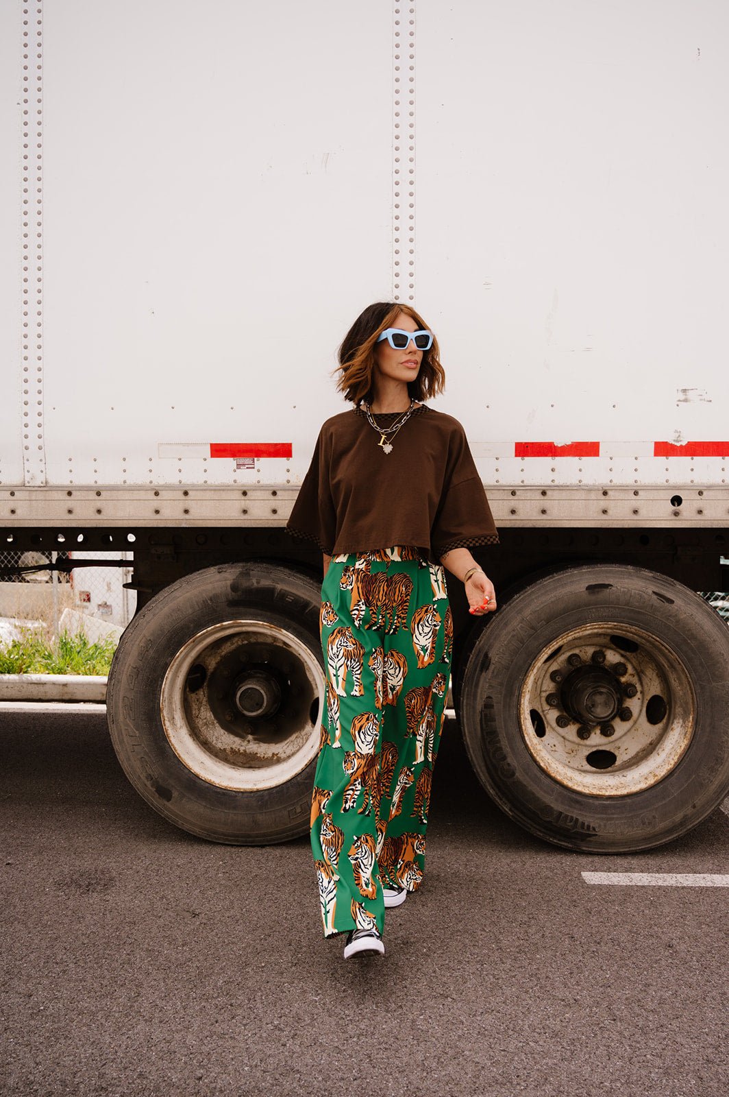 LALA ORIGINAL: Frankie Cropped Tee in Chocolate Brown + Checkerboard - Dressed in Lala